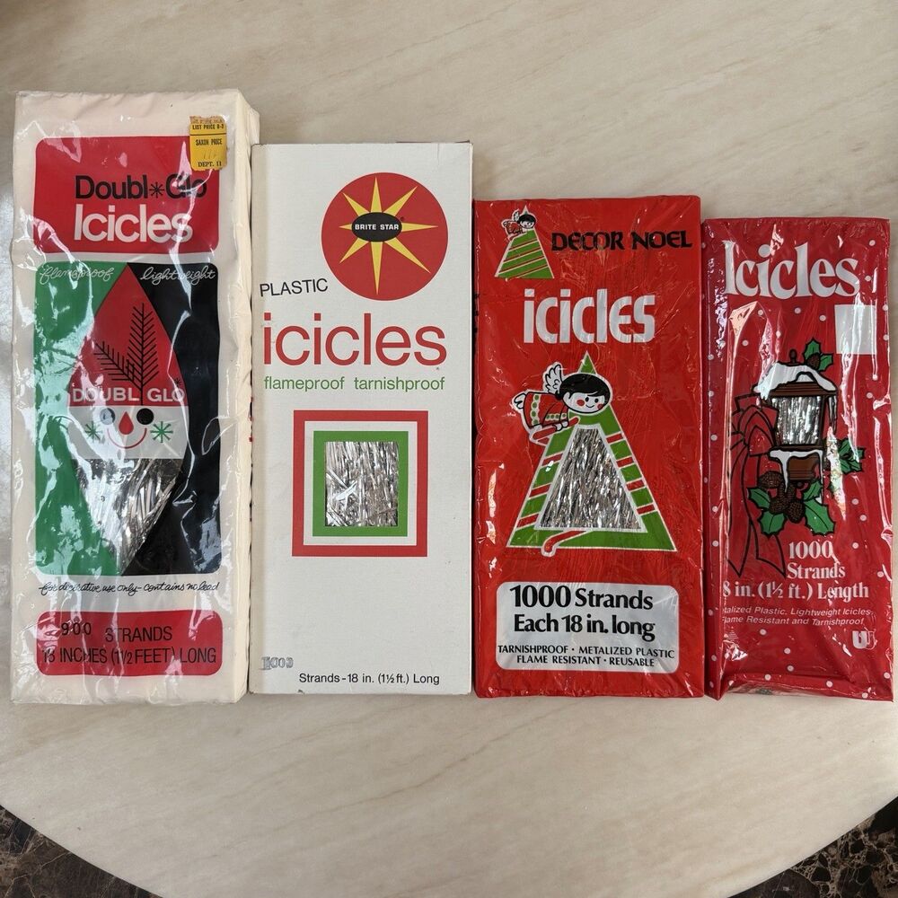 Vintage Christmas Icicles Tinsel Lot of 4 Silver 3900 Strands 18 in Made in USA